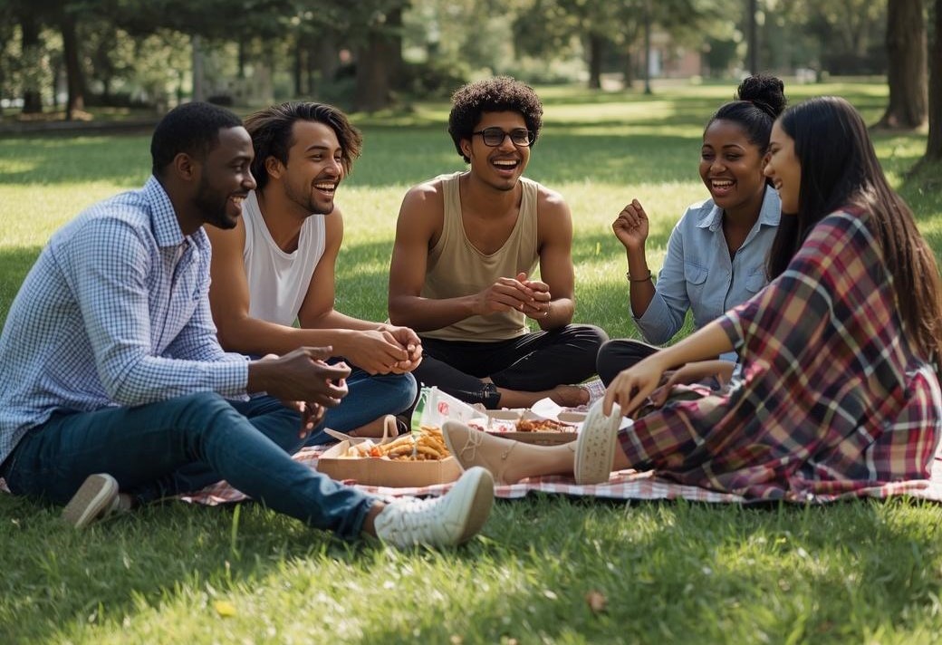 grupo de amigos homens e mulheres reais descontraidos no parque fazendo piquenique. (1)